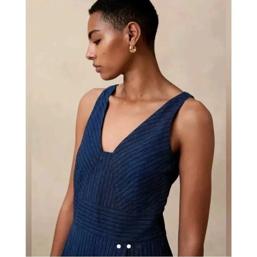 Banana Republic Womens 2 Jumpsuit Wide-Leg Crop Linen Pockets Indigo‎ Striped
